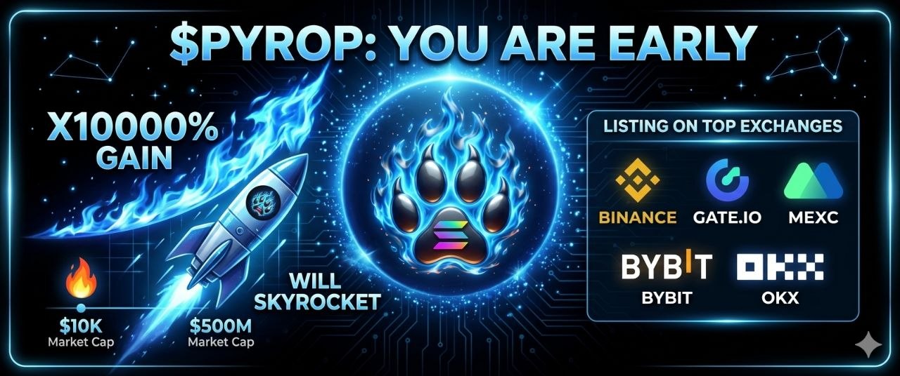 $PYROP early promo graphic with rocket and exchange listing targets